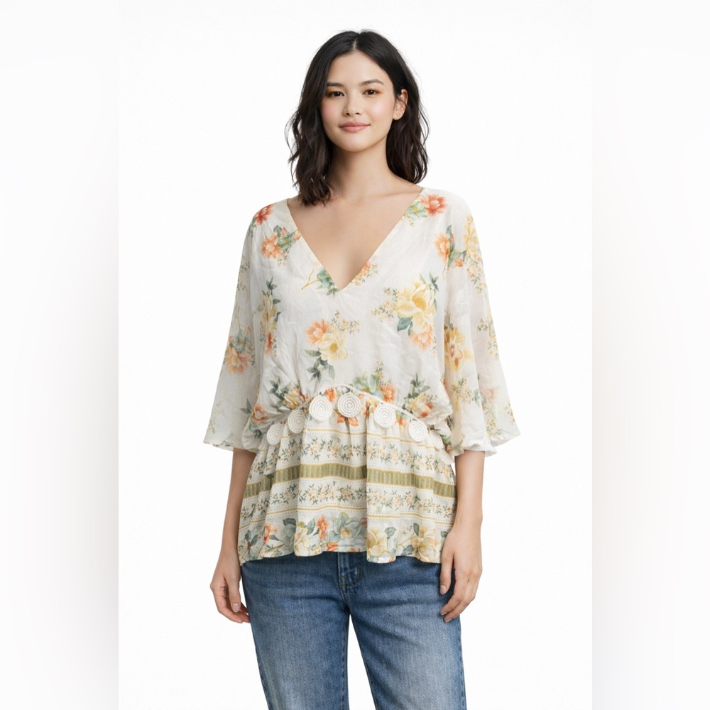 Anthropologie Farm Rio Hestia Top Cream Floral Blouse Flutter Sleeve Sz Small